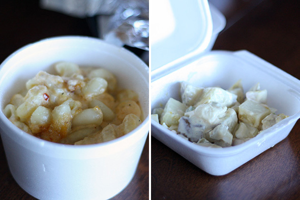 Macaroni and cheese (left), potato salad (right)