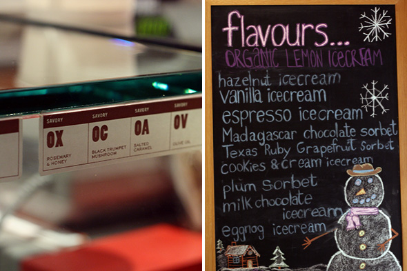 Chocolate selection and ice cream menu