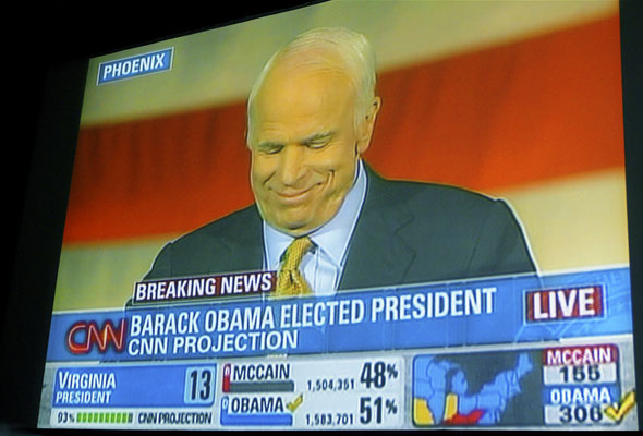 John McCain on the big screen at America Votes Obama party at The Bloor Cinema in Toronto
