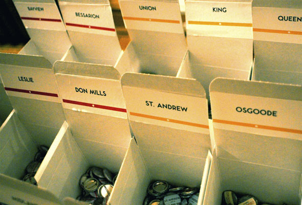  TTC subway buttons were on display and sale at the Spacing magazine party