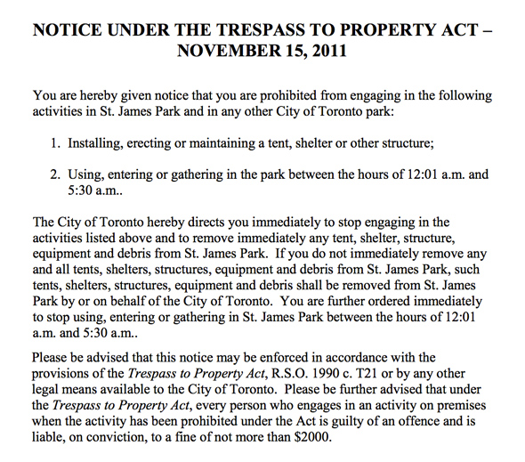 Occupy Toronto Eviction Notice
