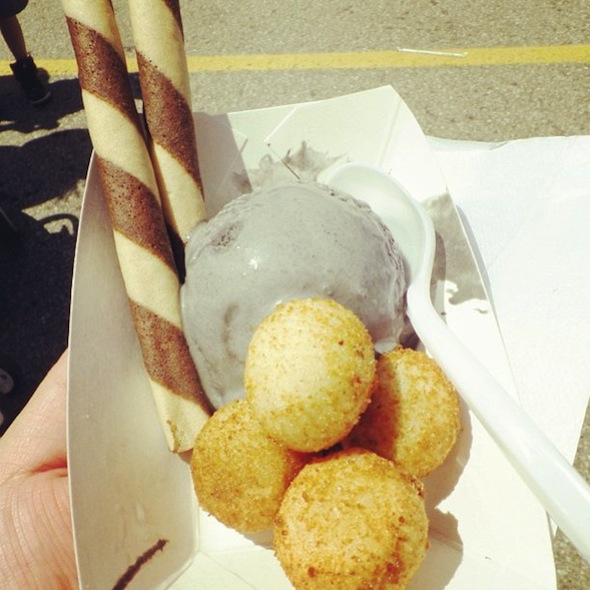 Black sesame ice cream with deep fried mochi filled with black sesame paste